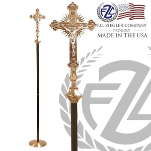 Processional Crucifix | 88” | Brass | Budded Cross | Staff Base | 2910 | USA